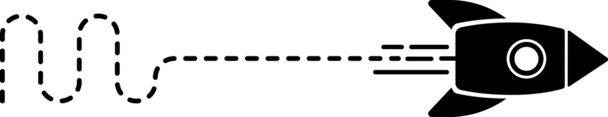 Icon of a rocket with a dashed line trail featuring curves and straight lines.
