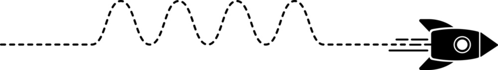 Icon of a rocket with a dashed line trail featuring both curved and straight segments.