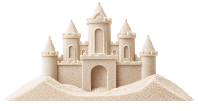 Detailed sandcastle with towers on dune, construction, beach, vacation, cut out transparent