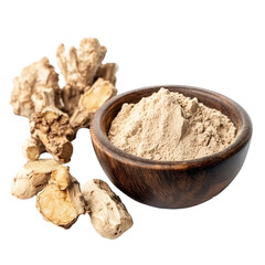 Fototapeta premium Aromatic galangal powder in a wooden bowl with fresh galangal root on a transparent background Concept of healthy eating, alternative medicine, and asian cuisine