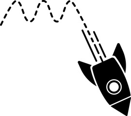 An icon of a rocket taking off with a dashed line trail forming wave patterns.