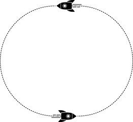 Fototapeta premium An icon of a rocket taking off with a dashed line trail forming two semicircles.