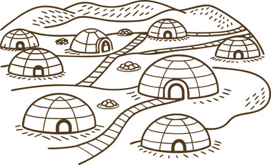 igloo village illustration snowy landscape, traditional arctic dwellings with mountains