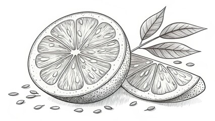 Lemon slices with leaves illustrated in a detailed style  