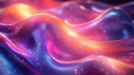 Abstract holographic ribbons twist and flow in midair, reflecting prismatic colors with a luxurious metallic sheen against a dark gradient background 