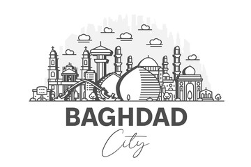 Baghdad, Iraq architecture line skyline illustration with shadows. Linear vector cityscape with famous landmarks, city sights, design icons.