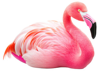 Fototapeta premium Vibrant pink flamingo resting with graceful plumage, cut out