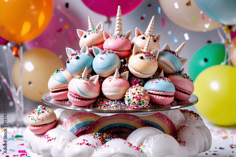 Poster a whimsical dessert display features unicorn macarons stacked on a tiered stand, surrounded by color