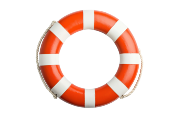 Red and white lifebuoy ring with rope for safety at sea, cut out
