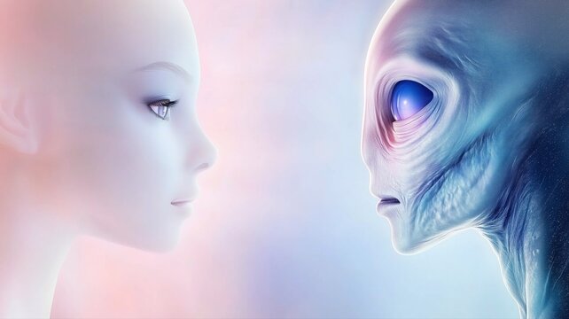 Face-to-face encounter of humanoid and alien in dreamy pastel space