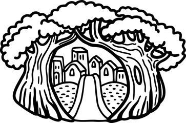Fototapeta premium Enchanted forest illustration with village scene and pathway surrounded by trees