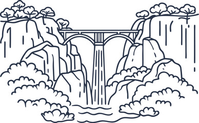 Naklejka premium line art illustration of a scenic waterfall and bridge surrounded by cliffs and trees