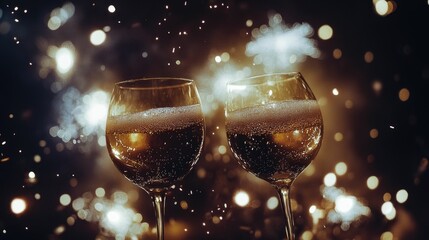 Celebration toast with champagne glasses and festive sparkling fireworks show