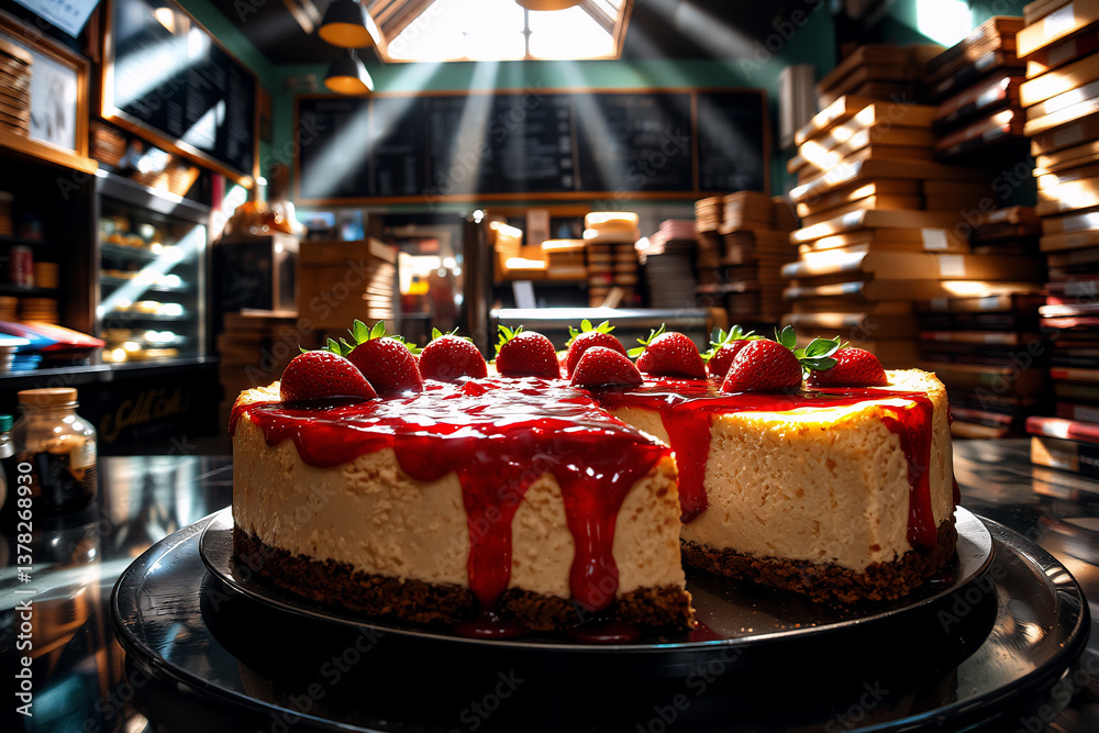 Poster delicious cheesecake with strawberry topping sits in a bright cafe setting, ready to be enjoyed.