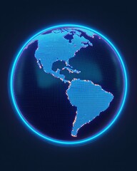 Fototapeta premium A digital illustration of a glowing Earth, showcasing the Americas with a blue pixelated design against a dark background.