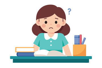 Puzzled Brunette Girl at Desk with Books and Question Mark on White Background