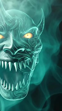 Ethereal demon mask, glowing yellow eyes, and sharp teeth emerge from smoke against a dark backdrop