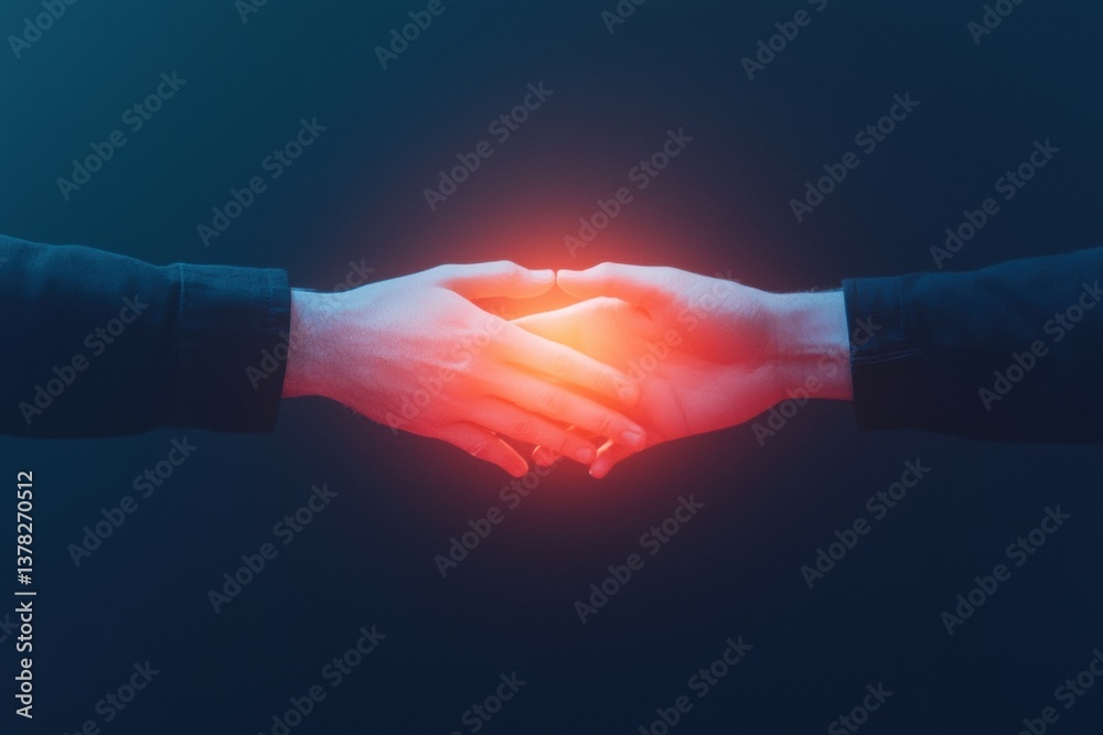 Fototapete Two hands reaching out to each other, illuminated by a soft red glow against a dark background, symbolizing connection and unity.