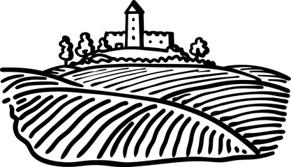 Monochrome landscape illustration with hilltop castle and scenic fields
