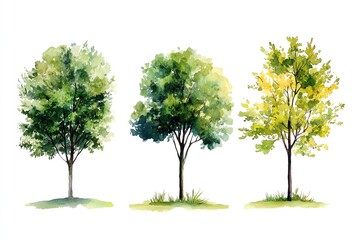 Obraz premium Watercolor Tree Painting of Three Trees with Green and Yellow Foliage