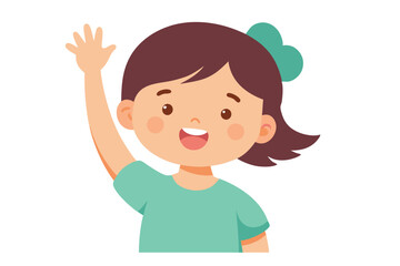 Smiling Girl Waving Hand Cartoon with Teal Shirt on White Background