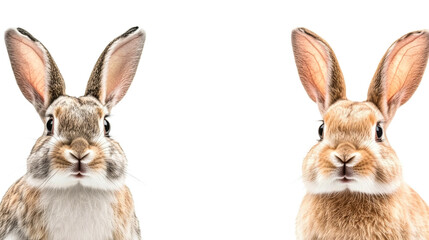 Fototapeta premium Two adorable rabbits, ears upright, facing forward, cut out transparent