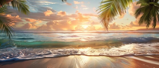 A view of sunset on the sandy beach with big waves in the water and palms arround.