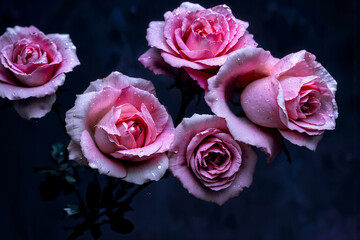 Five pink roses with water droplets on their petals are beautifully arranged against a dark, moody background, creating a soft and elegant floral display.