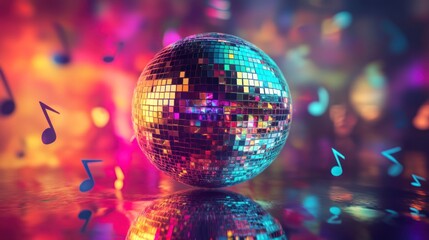 Obraz premium Shiny Disco Ball with Musical Notes for Party and Event Decoration