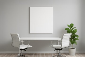 Minimalist Work Space: A Clean White Desk and Two Chairs Under Blank Canvas in Office