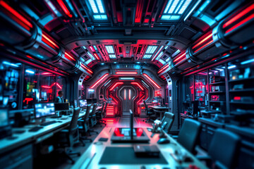 Futuristic control room with vibrant red and blue neon lights. High-tech interior featuring multiple computer screens and workstations.