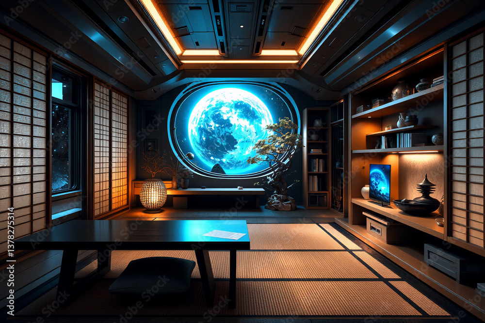 Aufkleber futuristic japanese room with a large round window displaying a planet. shoji screens and tatami mat