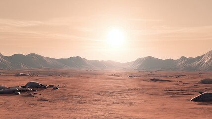 Martian desert terrain with sun over rocky red surface and distant mountains