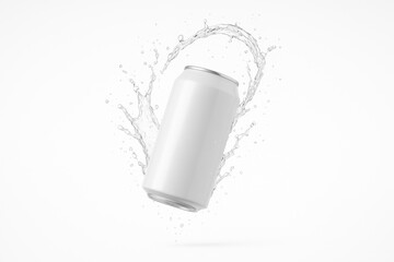 Aluminum Beverage Can Surrounded by Splashing Liquid on Bright Backdrop for Mockups