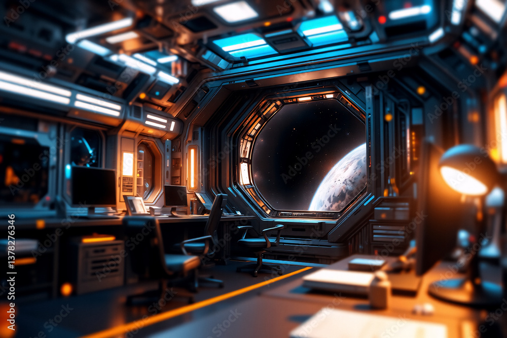 Poster Futuristic spaceship interior with work desks and monitors. A large octagonal window reveals Earth in the vast expanse of space, highlighting a sci-fi technological setting.