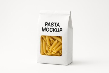 Minimalist Paper Bag Mockup Featuring Penne Pasta; Food Product Packaging Template Template.