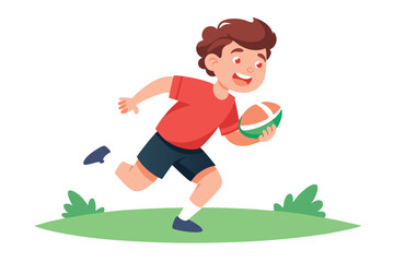 Obraz premium Cartoon Boy Runs with Rugby Ball in Outdoor Setting on White Background