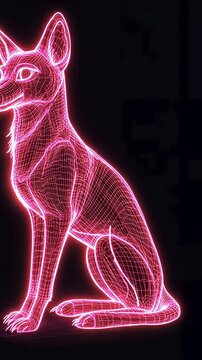 Glowing wireframe dog illustration. Pink lines depict the outline of a seated canine on a dark background