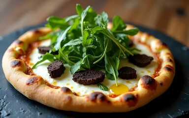 A gourmet Truffle Pizza with a thin,crispy crust, topped with creamy ricotta, fresh arugula,shaved black truffle,and a drizzle of truffle oil, served on a dark slate plate for an elegant presentation.
