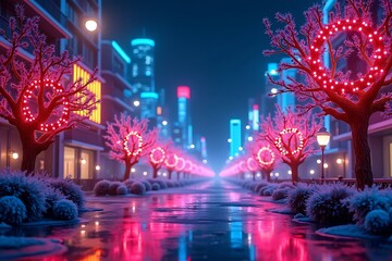 Illuminated City Street with Red Christmas Decorations and Blue Reflections