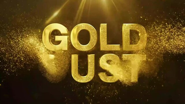 Golden Dust text particles burst. Richly textured, creating depth against a dark background