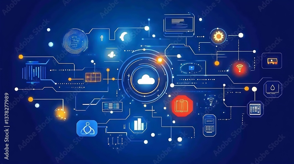 Wall mural digital data information technology network with integrated cloud systems