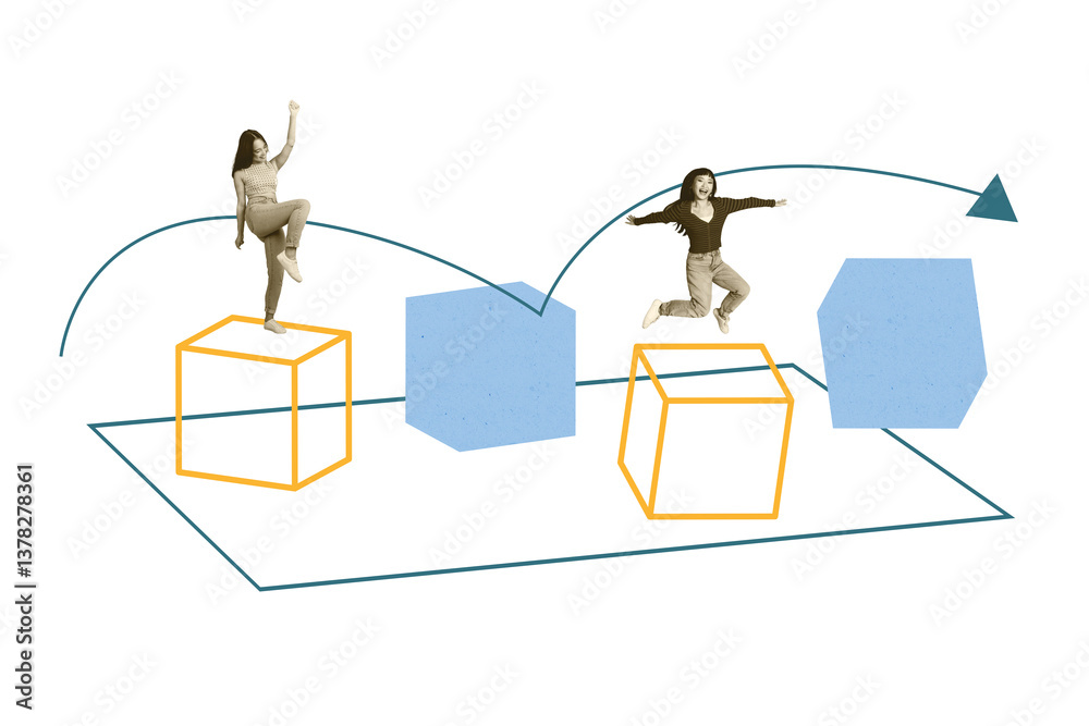 Poster trend artwork composite banner 3d photo collage of two young lady jump cube arrow point strategy asp