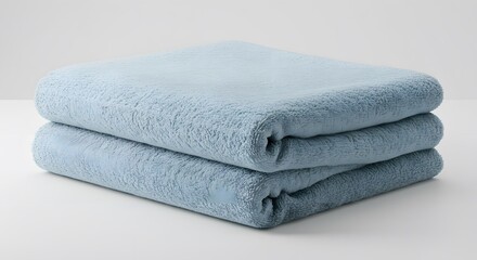 Stacked Plush Towels: Soft, folded light blue towels form a neat stack, perfect for bathroom decor, providing a sense of comfort and cleanliness.