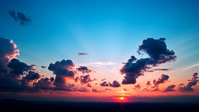 Painted Sky at Sunset: A breathtaking panorama of a sunset sky, where vivid shades of red, orange, and blue meld together, the clouds taking on stunning forms, illuminated by the sun's radiant glow.