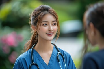 A woman in a blue scrubs is talking to another woman