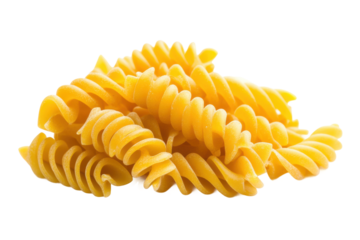 Close-up of uncooked fusilli pasta twists on a white background, cut out