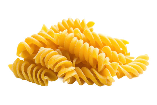 Close-up of uncooked fusilli pasta twists on a white background, cut out