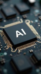A close-up view of a computer chip highlighting the letters AI.