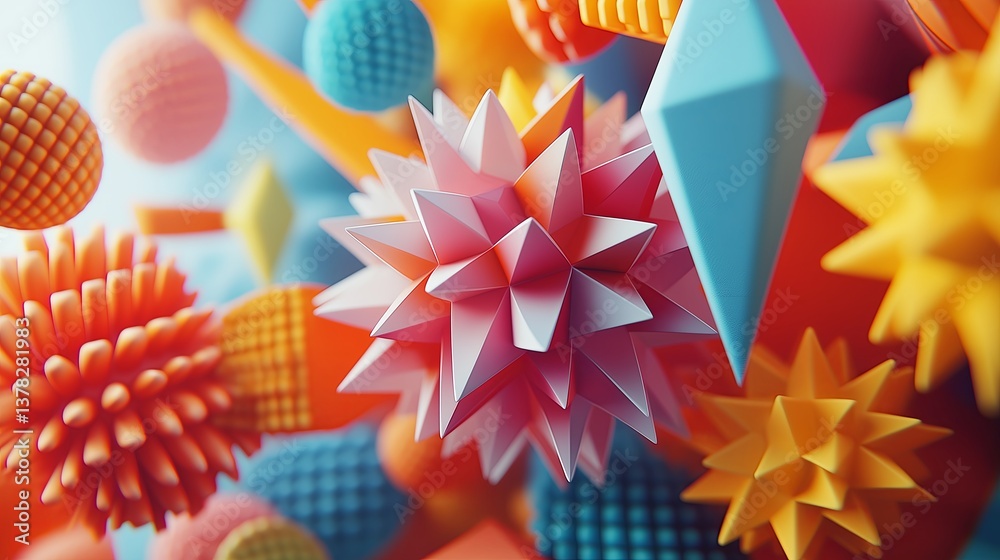 Poster A geometric explosion of vibrant colors in an abstract 3D pattern.